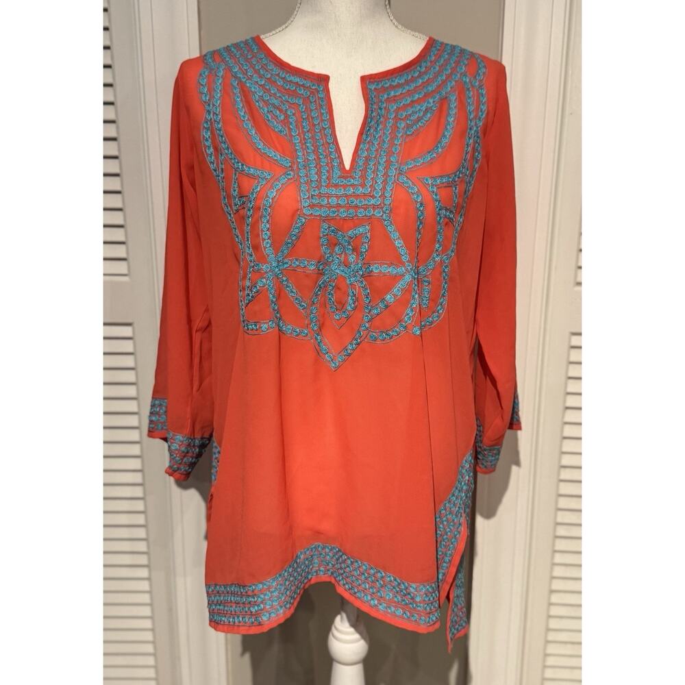 Gretchen Scott Coral Chiffon Embroidered Lightweight Tunic Cover Up Blouse Large